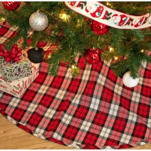 CHRISTMAS TREE SKIRT NEW HOLIDAY TIME 48” RED TARTAN PLAID Round fabric Country - Picture 5 of 8